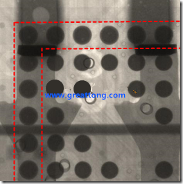 BGA錫球尺寸小于0.4mm，采用降低BGA內(nèi)圍襲球的錫膏量所得到X-Ray，稍微留意一下可以發(fā)現(xiàn)最外圈的錫量(圓的直徑)比其他內(nèi)圍的錫球上的錫量來得多一點(diǎn)點(diǎn)。也就是外圈的黑色圓形直徑比內(nèi)圈的圓形來得大一點(diǎn)點(diǎn)。