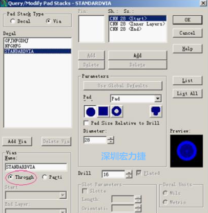 分析文件完成后，點擊菜單Setup→Pad Stacks調出焊盤堆設置窗口，將Pad Stack Type改為Via